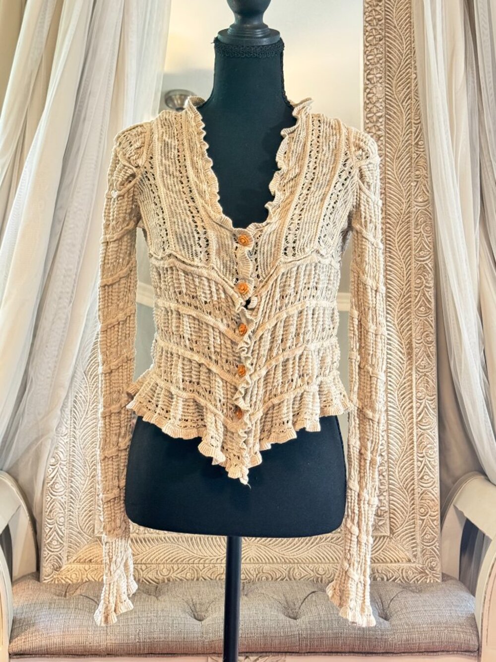 Natural Life Juliet Ruffle Sweater Top Cream S Boho Crochet Knit - Picture 3 of 8